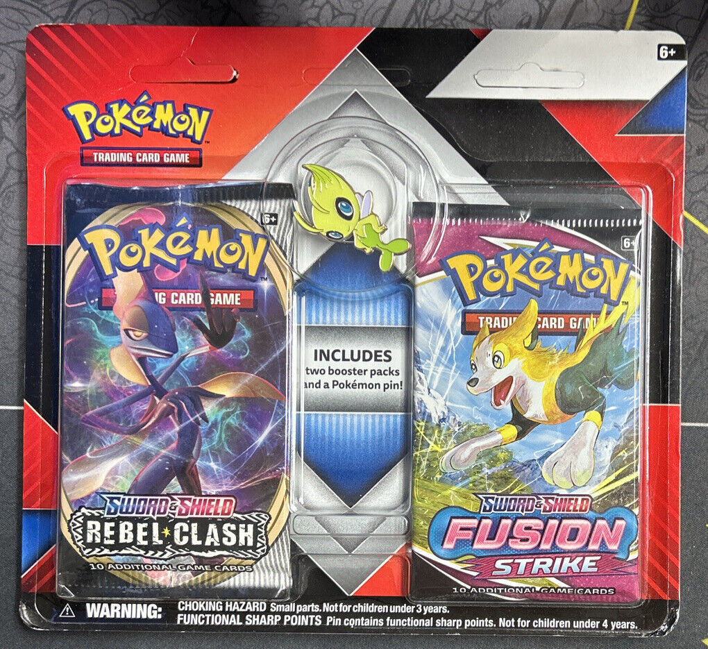 Pokemon TCG: Blister pack Coleccionista de 2 sobres/boosters Rebel Clash + Fusion Strike incluye un pin de Jirachi